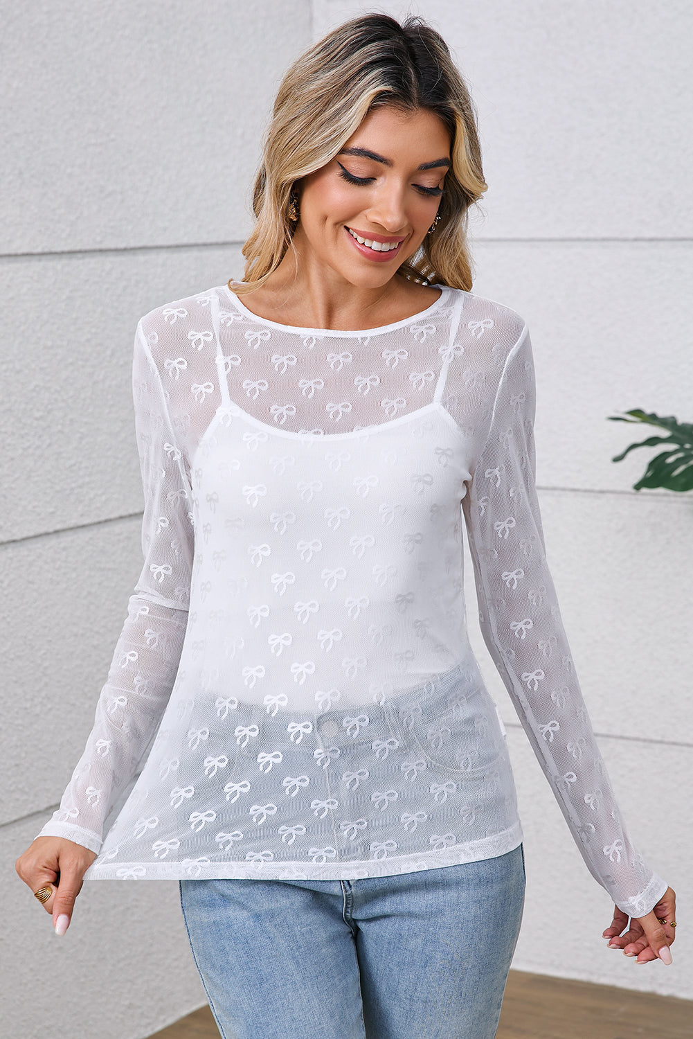 White Bow Pattern Long Sleeve Slim Fit Mesh Top