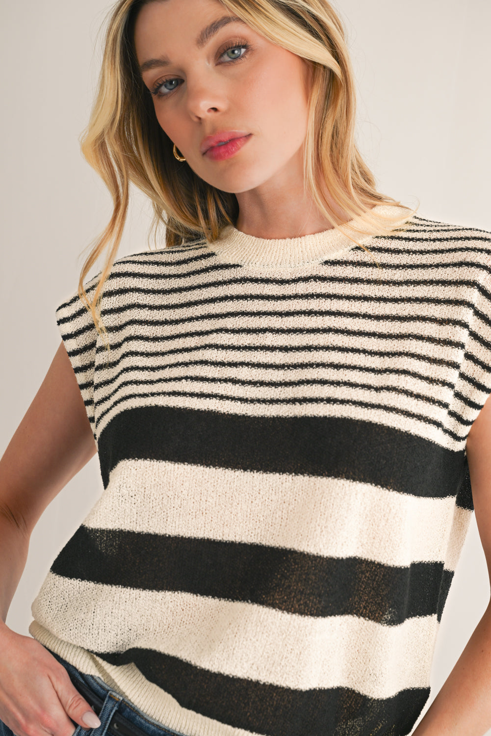 Black White Striped Sleeveless Knit Top