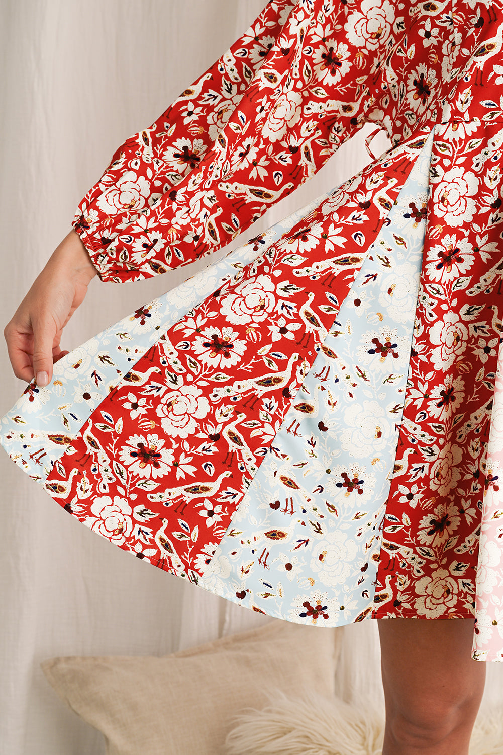 Red Boho Floral Patchwork Long Sleeve Pleated Dress