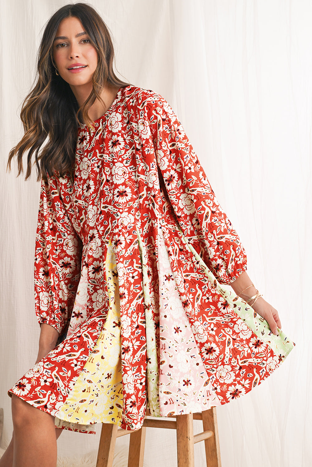 Red Boho Floral Patchwork Long Sleeve Pleated Dress