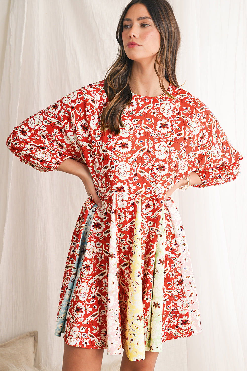 Red Boho Floral Patchwork Long Sleeve Pleated Dress