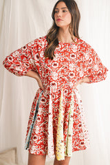 Red Boho Floral Patchwork Long Sleeve Pleated Dress