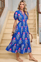 Sky Blue Floral Ruffle Hem Pop of Color Neckline Dress