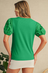 Bright Green Pearl Beaded Puff Sleeve Ribbed Top