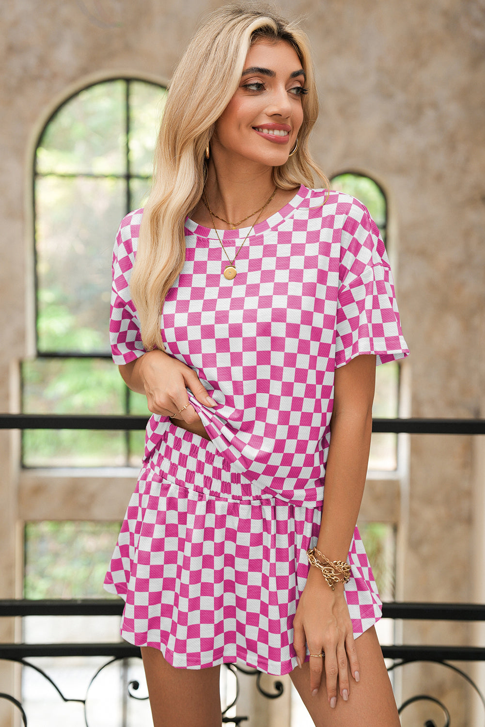 Pink Checkerboard T Shirt and High Waist Skorts Set