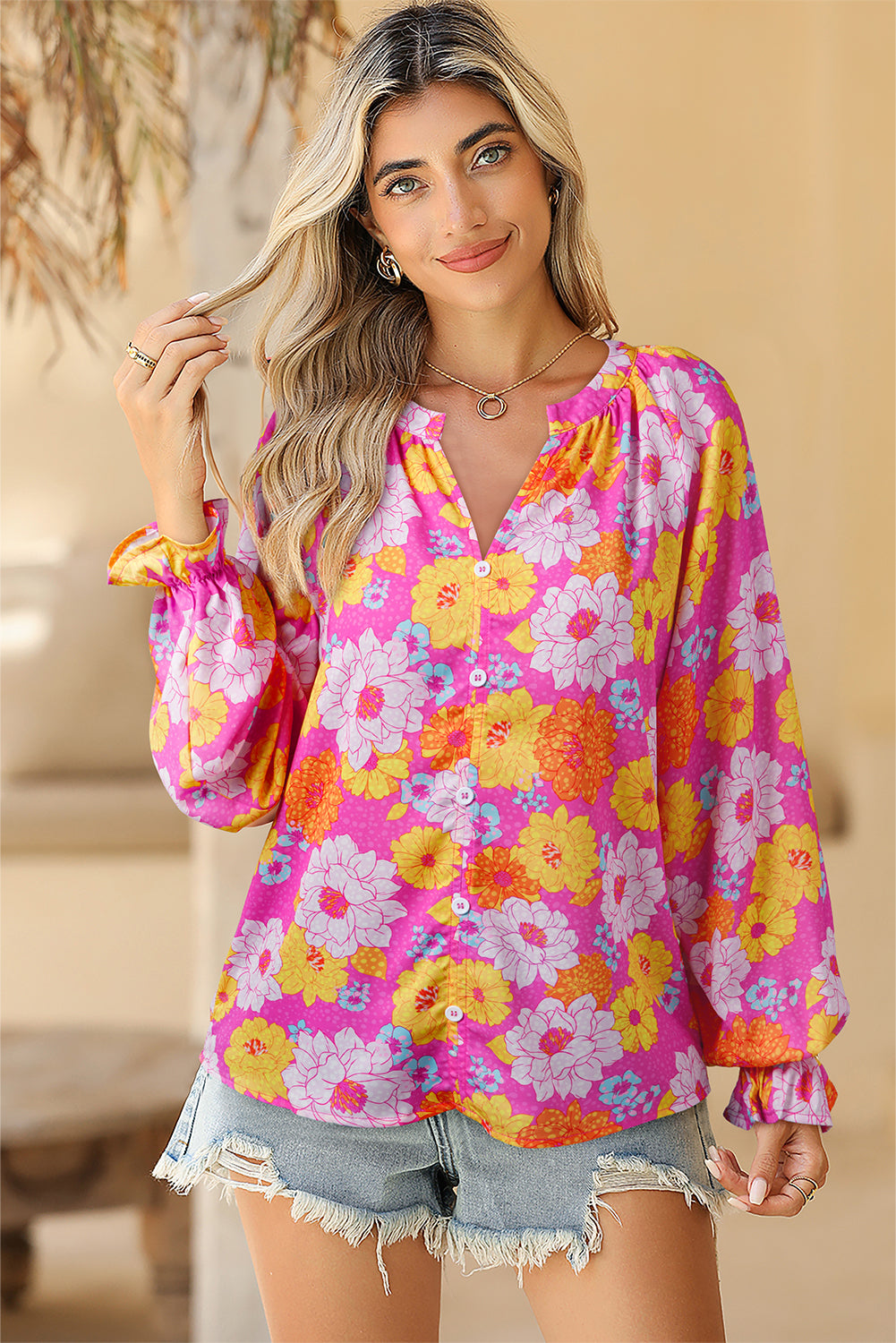 Rose Flower Print V Neck Relaxed Sleeve Blouse