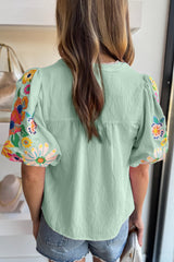 Clearly Aqua Floral Embroidered Puff Sleeve Split Neck Blouse