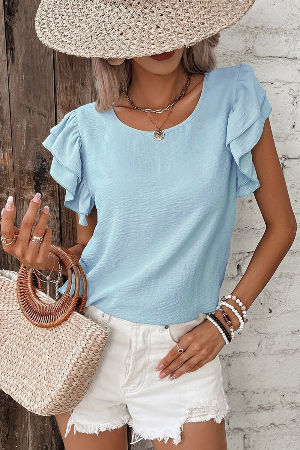 Mist Blue Solid Color Ruffle Sleeve Crinkled Blouse
