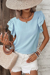 Mist Blue Solid Color Ruffle Sleeve Crinkled Blouse