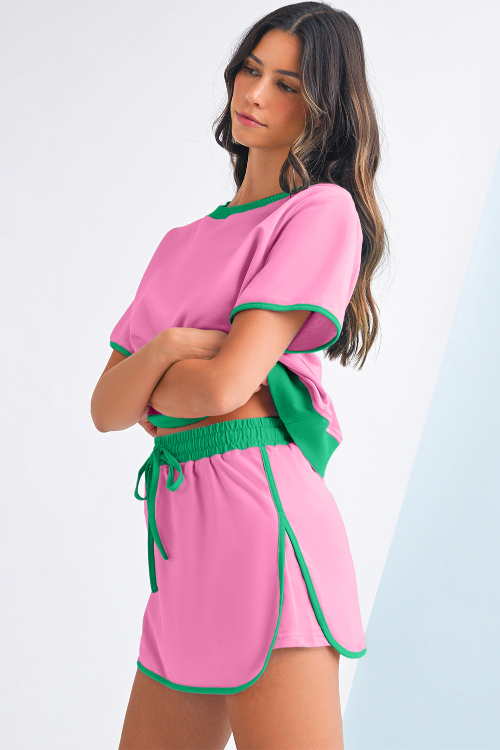 Bonbon Colorblock Edge Drop Shoulder T Shirt and Skort Set