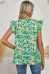 Green Abstract Print Frill Split Neck Ruffle Sleeveless Top
