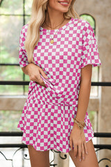 Pink Checkerboard T Shirt and High Waist Skorts Set