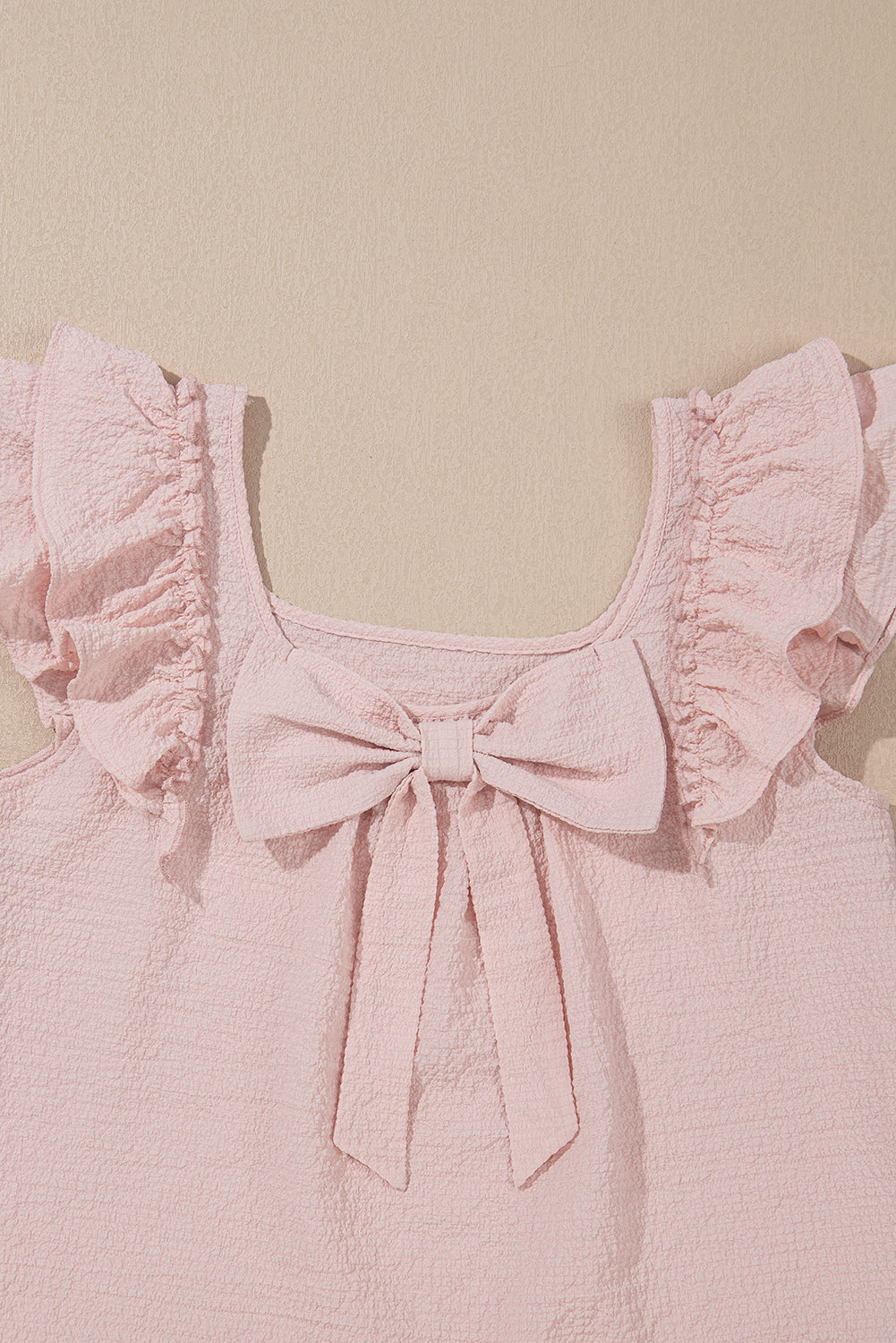 Gossamer Pink Textured Bow Frilled Ruffle Sleeve Blouse