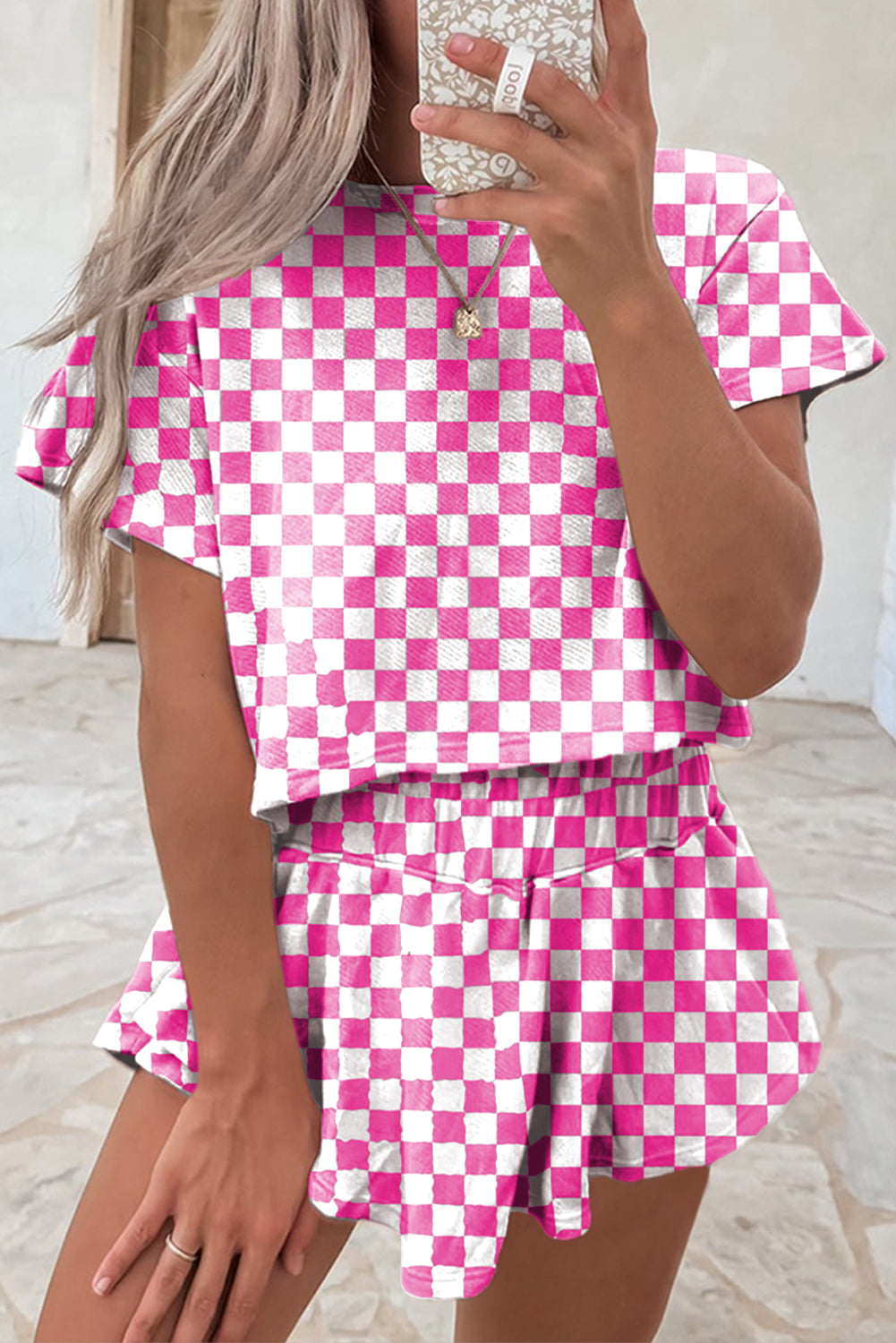 Pink Checkerboard T Shirt and High Waist Skorts Set