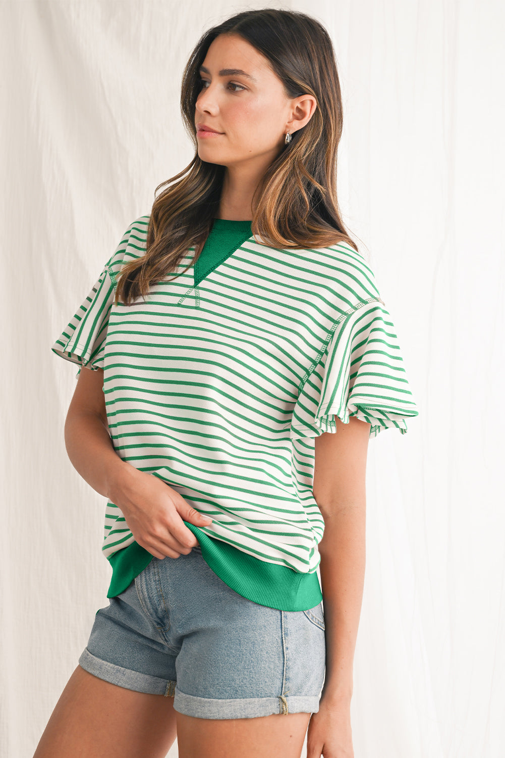 Bright Green Striped Ruffle Sleeve Round Neck Top