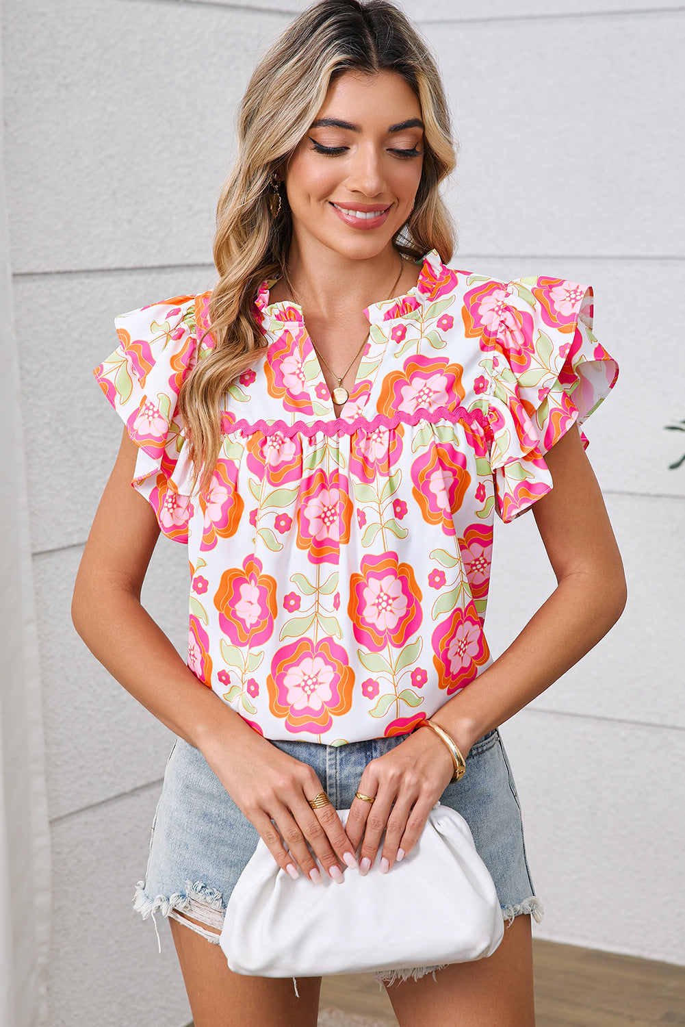 Rose Boho Floral Print Ricrac Ruffle Sleeve Blouse
