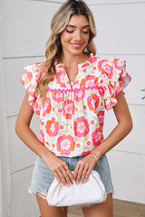 Rose Boho Floral Print Ricrac Ruffle Sleeve Blouse