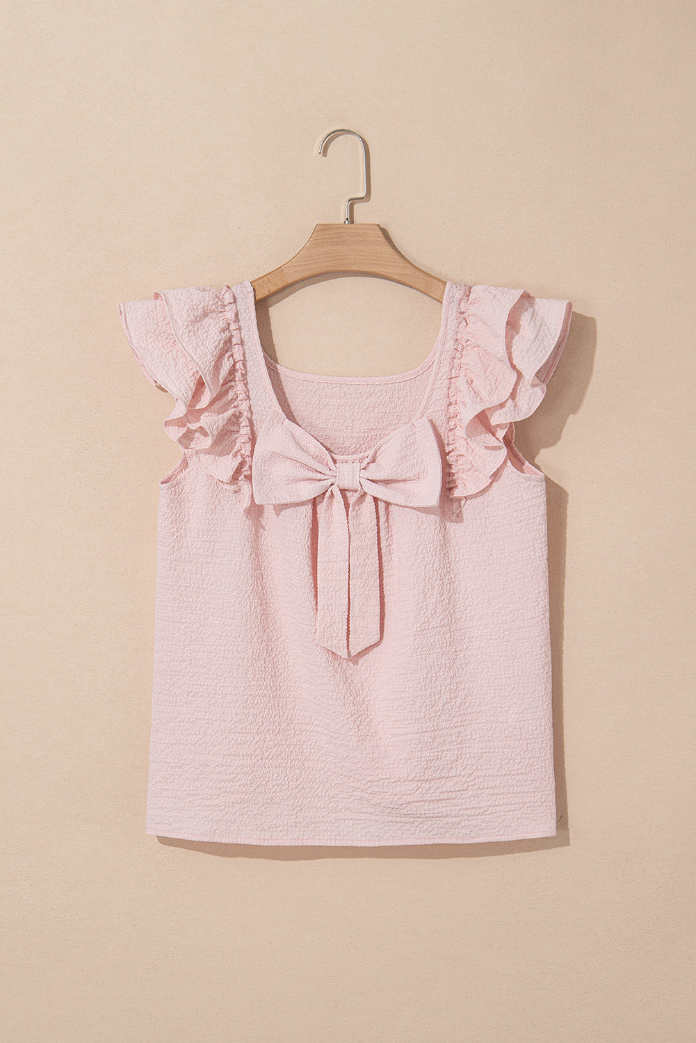 Gossamer Pink Textured Bow Frilled Ruffle Sleeve Blouse