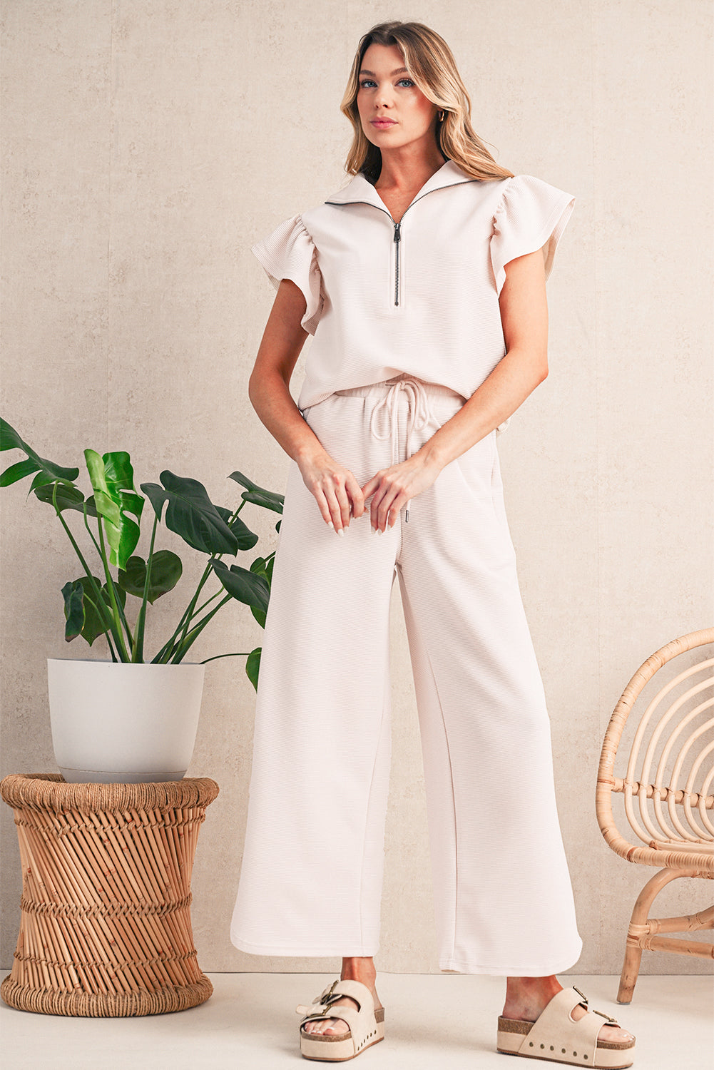Apricot Textured Ruffle Sleeve Zipped Top and Wide Leg Pants Set