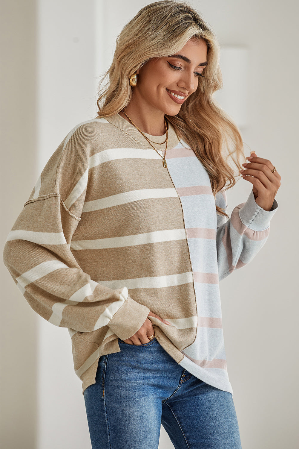 Khaki Stripe Exposed Seam Loose Sweater