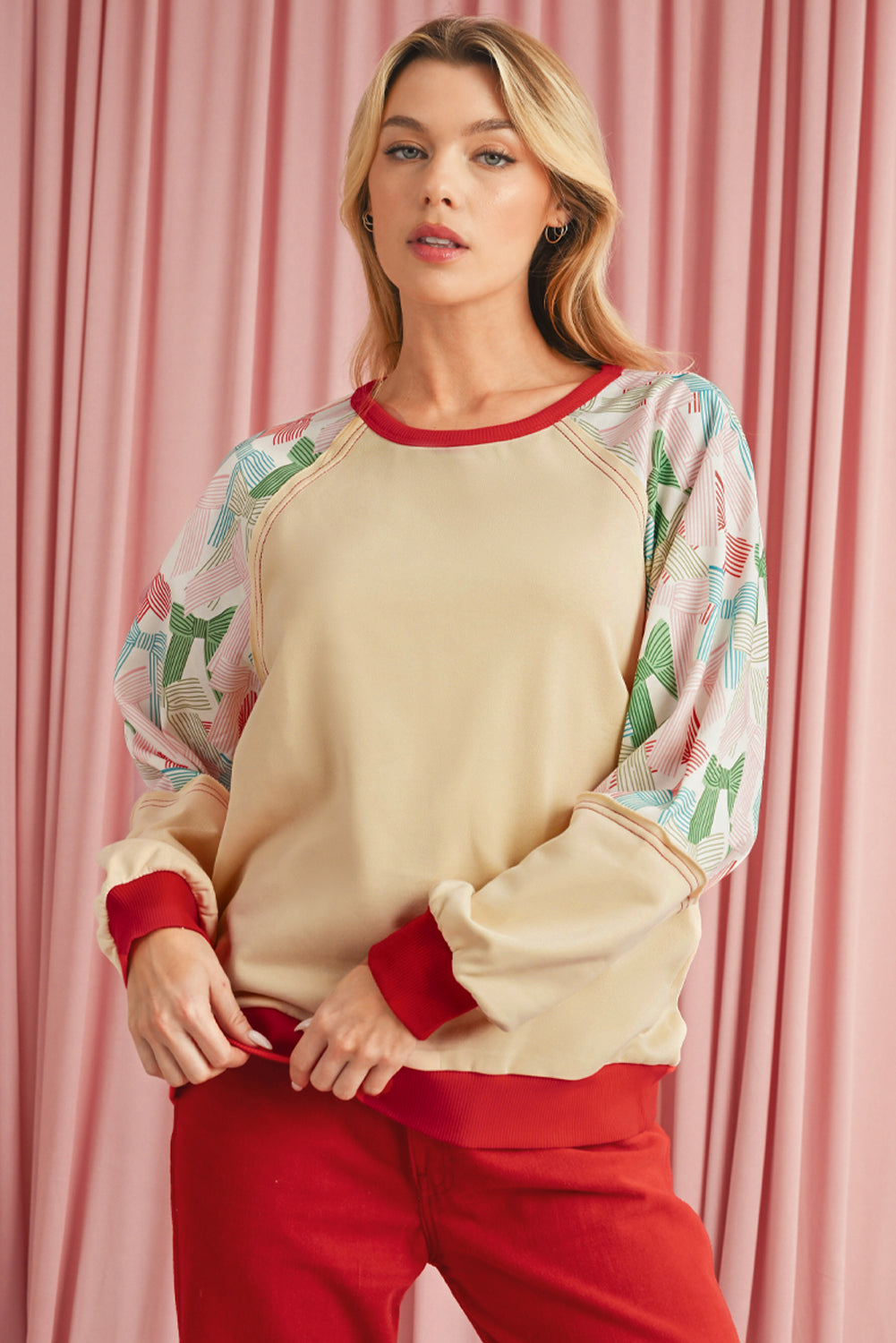 Beige Bowknot Print Patchwork Raglan Sleeve Top